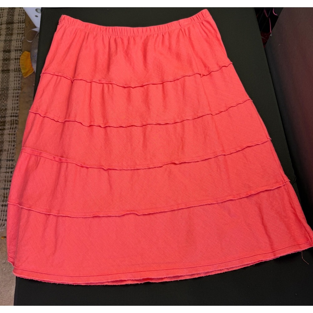 Soft Surroundings Skirt L Coral Pink Tiered Raw Edge Midi Boho Coastal Elastic